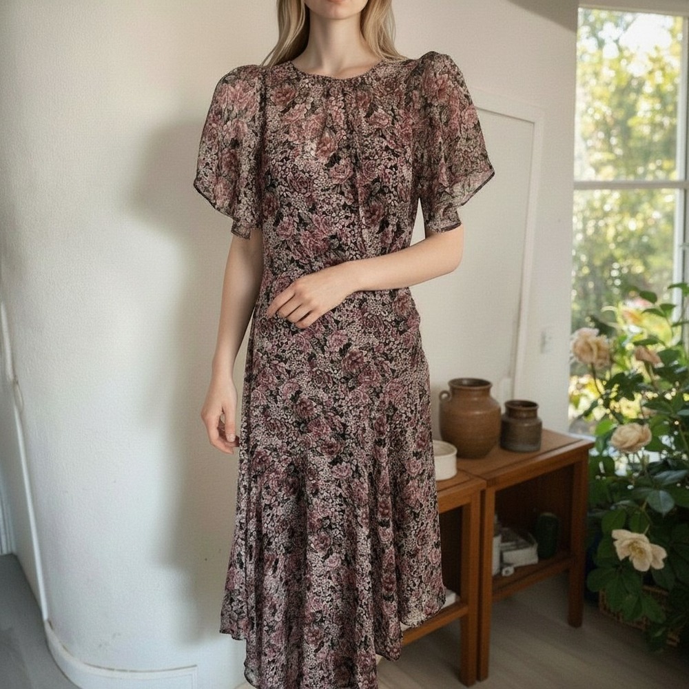 ASTR‎ The Label Floral Metallic Chiffon High-Low Midi Dress Mauve Pink Small
